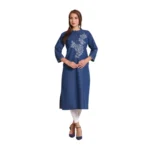 Women's Casual Denim Embroidery 3-4th sleeve Straight Kurti (Blue)