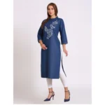 Women's Casual Denim Embroidery 3-4th sleeve Straight Kurti (Blue)