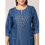 Women's Casual Denim Embroidery 3-4th sleeve A-line Dress (Blue)