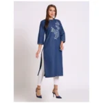 Women's Casual Denim Embroidery 3-4th sleeve Straight Kurti (Blue)