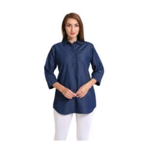 Women's Casual Denim Solid 3-4th sleeve Tunic Top (Blue)