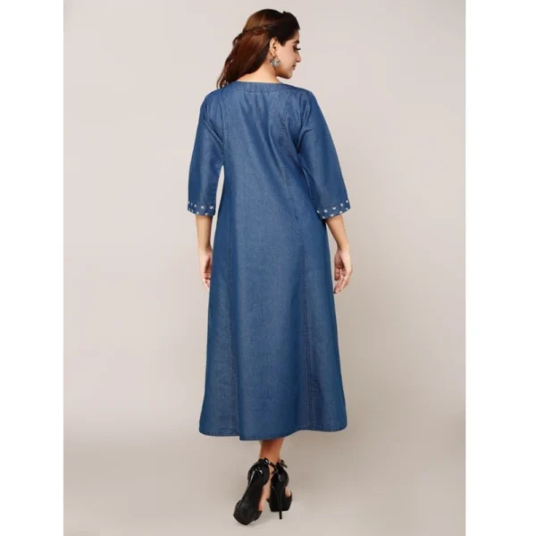 Women's Casual Denim Embroidery 3-4th sleeve A-line Dress (Blue)