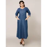 Women's Casual Denim Embroidery 3-4th sleeve A-line Dress (Blue)