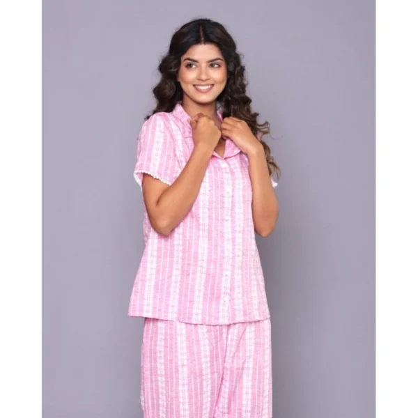 Women's Casual Cotton Short Sleeve Full Night Suit Set (Pink)