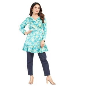 Women's Casual Full Sleeve Printed Satin Top (Turquoise)