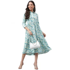 Women's Casual 3-4th Sleeve Printed Georgette Gown (Blue)