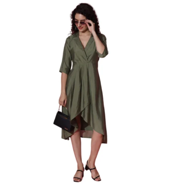 Women's Casual 3-4th Sleeve Solid Chanderi silk Dress (Olive-Green)