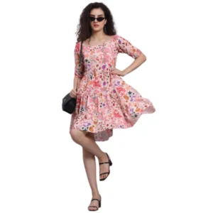 Women's Casual Short Sleeve Printed Crepe Dress (Multicolor)