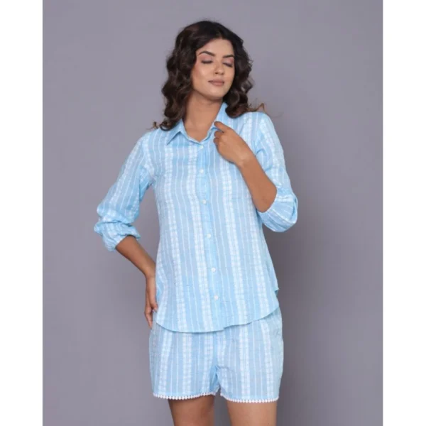 Women's Casual Cotton Short Sleeve Short Night Suit Set (Aqua)