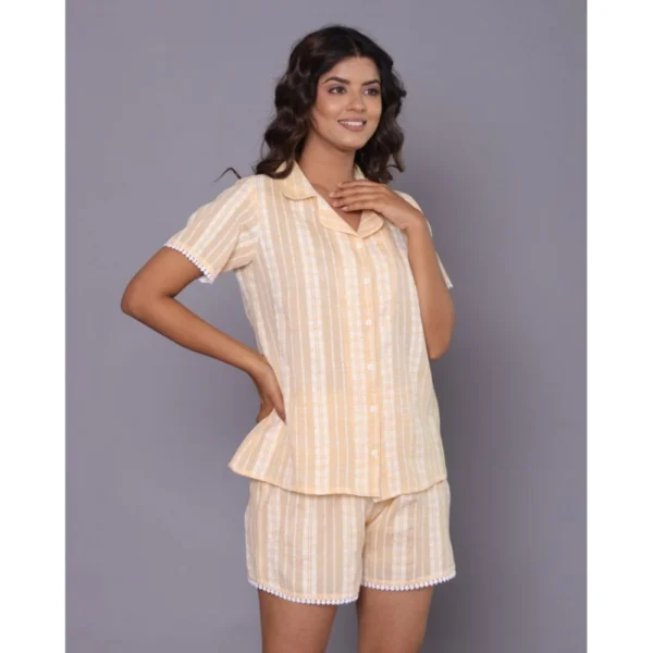 Women's Casual Cotton Short Sleeve Short Night Suit Set (Yellow)