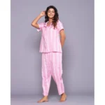 Women's Casual Cotton Short Sleeve Full Night Suit Set (Pink)