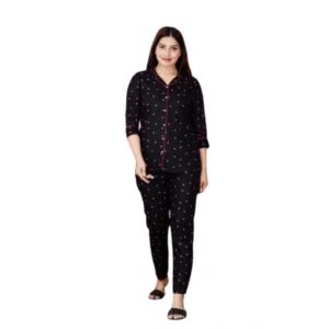 Women's Casual Rayon 3-4th Sleeve Night Suit Set (Black)