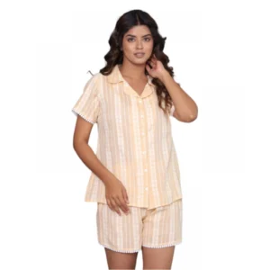 Women's Casual Cotton Short Sleeve Short Night Suit Set (Yellow)