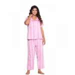 Women's Casual Cotton Short Sleeve Full Night Suit Set (Pink)