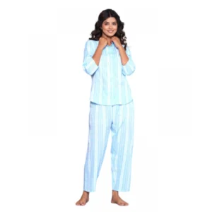 Women's Casual Cotton 3-4th Sleeve Full Night Suit Set (Aqua)