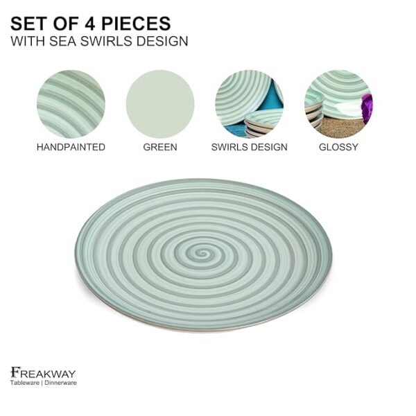 Freakway Hand-Painted 'sea Swirls' Stoneware Dinner Plates 10.2 Inch Set of 4 Pieces Serving Plate Thali Ceramic Plates for Dinner | Microwave & Dishwasher Safe | Green