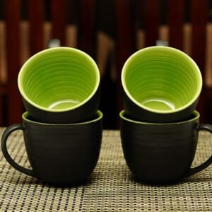 Freakway Kitchen Handmade Ceramic Soup Bowls with Spoons (Set of 2, 380 ML, Dishwasher & Microwave Safe) Black & Green-Luxuay Look