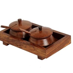 Freakway Sheesham Wooden Jars Table Container Kitchen Refreshment Serveware Spice Jar Mukhwas Tray Set With Spoons (50 ML Dark Brown)