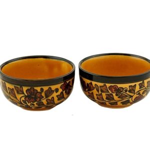 Freakway Ceramic Soup Floral Bowls (Set of 2 Bowls) | 100% Food & Microwave Safe |Handmade Yellow Pottery | Multi Color