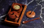 Freakway Sheesham Wooden Jars Table Container Kitchen Refreshment Serveware Spice Jar Mukhwas Tray Set With Spoons (50 ML Dark Brown)