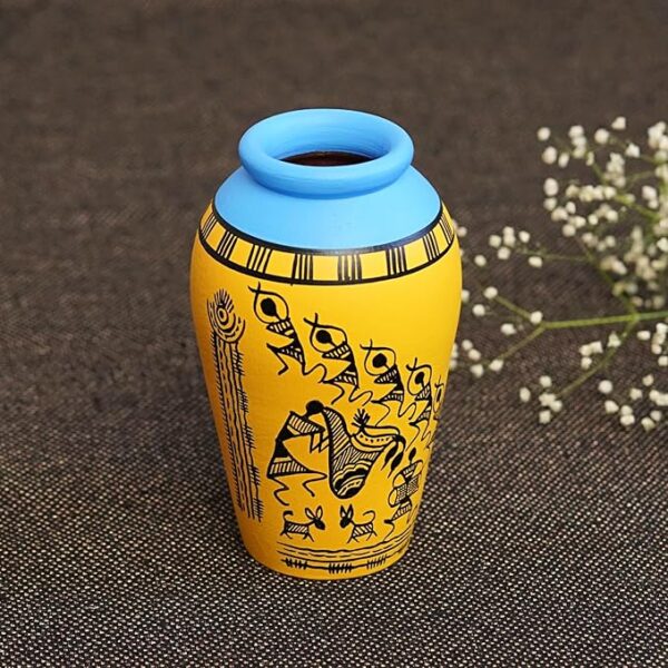 Freakway ‘Warli’ Yellow Hand-Painted Terracotta Vases for Home Decor | Flower Vase, Terracotta Decorative Showpiece Earthenware | Miniature Pots Artifacts for Living Room - (Set of 1)