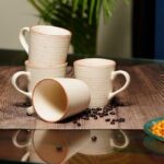 Freakway Ceramic Handmade Serving Tea Cups Set Milk Mugs & Coffee Mugs- Set of 4 (300 ML, White, Dishwasher & Microwave Safe)