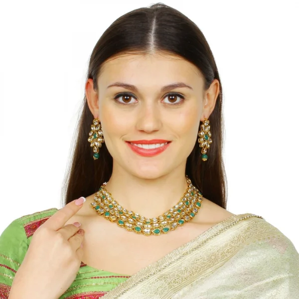 Green Gold Plated Traditional Kundan Necklace with Earrings