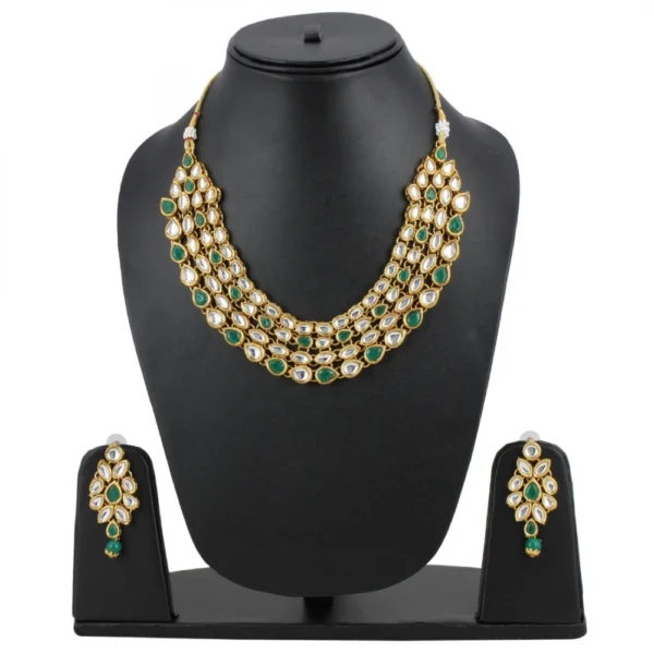 Green Gold Plated Traditional Kundan Necklace with Earrings