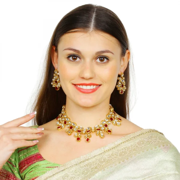 Maroon Gold Plated Kundan Necklace Set With Earrings