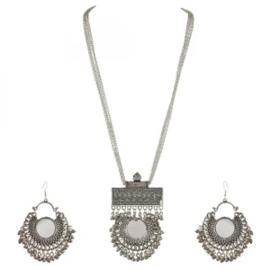 Designer Afghani Turkish Style Oxidised German Silver Chandbali Pendant Necklace Set