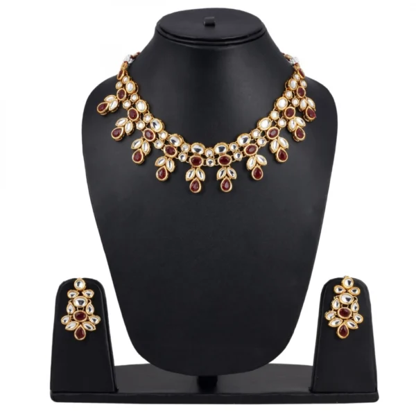 Maroon Gold Plated Kundan Necklace Set With Earrings