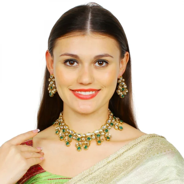 Designer Inspired Green Kundan Necklace Set With Earrings