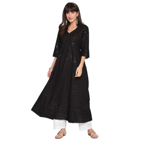 Women's Casual 3/4th Sleeve Chikan Embroidery Cotton Kurti (Black)