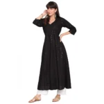 Women's Casual 3/4th Sleeve Chikan Embroidery Cotton Kurti (Black)