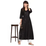 Women's Casual 3/4th Sleeve Chikan Embroidery Cotton Kurti (Black)