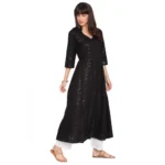 Women's Casual 3/4th Sleeve Chikan Embroidery Cotton Kurti (Black)