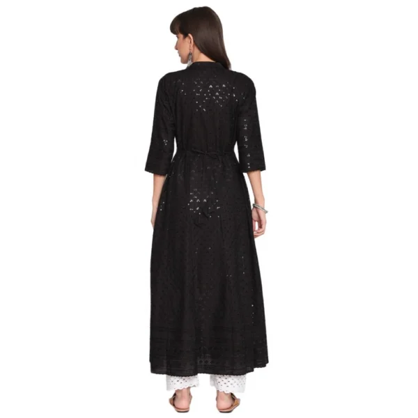 Women's Casual 3/4th Sleeve Chikan Embroidery Cotton Kurti (Black)