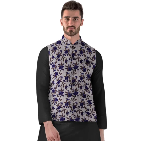 Men's Jacquard Printed Full Sleeve Waistcoat (Blue)