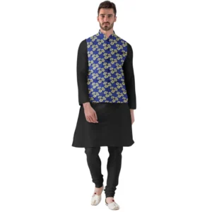 Men's Jacquard Printed Full Sleeve Waistcoat (Blue)