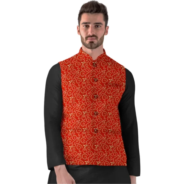 Men's Jacquard Printed Full Sleeve Waistcoat (Red)