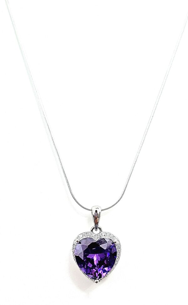 SWARN SILVER 925 Sterling Silver Purple Heart Pendant Necklace With Chain Studded With Cubic Zirconia, Valentine Gift For Girls With Certificate Of Authenticity