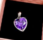 SWARN SILVER 925 Sterling Silver Purple Heart Pendant Necklace With Chain Studded With Cubic Zirconia, Valentine Gift For Girls With Certificate Of Authenticity