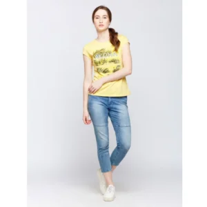 Women's Cotton Printed Round Neck T.Shirt (Yellow)