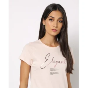 Women's Cotton Printed Round Neck T.Shirt (Pink)