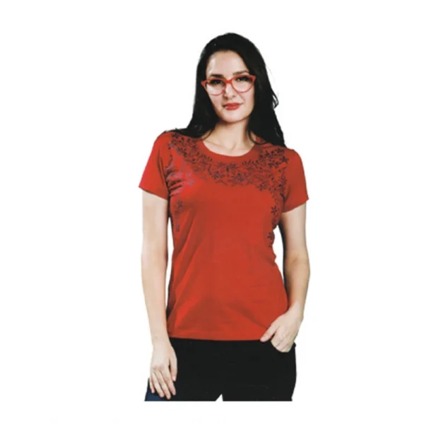 Women's Cotton Printed Round Neck T.Shirt (Red)