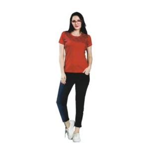 Women's Cotton Printed Round Neck T.Shirt (Red)