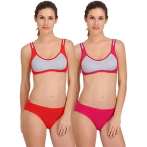 Pack Of_2 Women's Cotton Solid Sports Bra Panty Set (Multicolor)