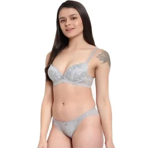 Women's Cotton Floral Printed Bra and Panty Set (Grey)