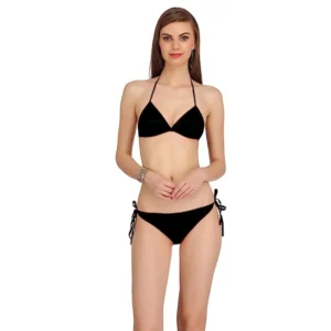 Women's Satin Nylon Solid Lingerie Set (Black)