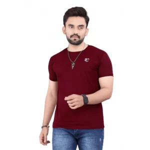 Men's Casual Half Sleeve Cotton Blend Round Neck T.Shirt (WINE)